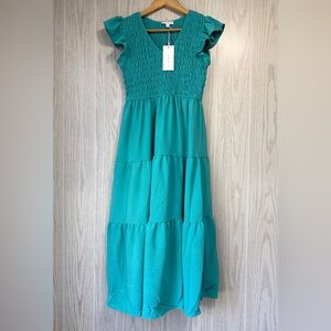 By the River Teal Smocked Bodice Tiered Maxi Dress Size S NWT